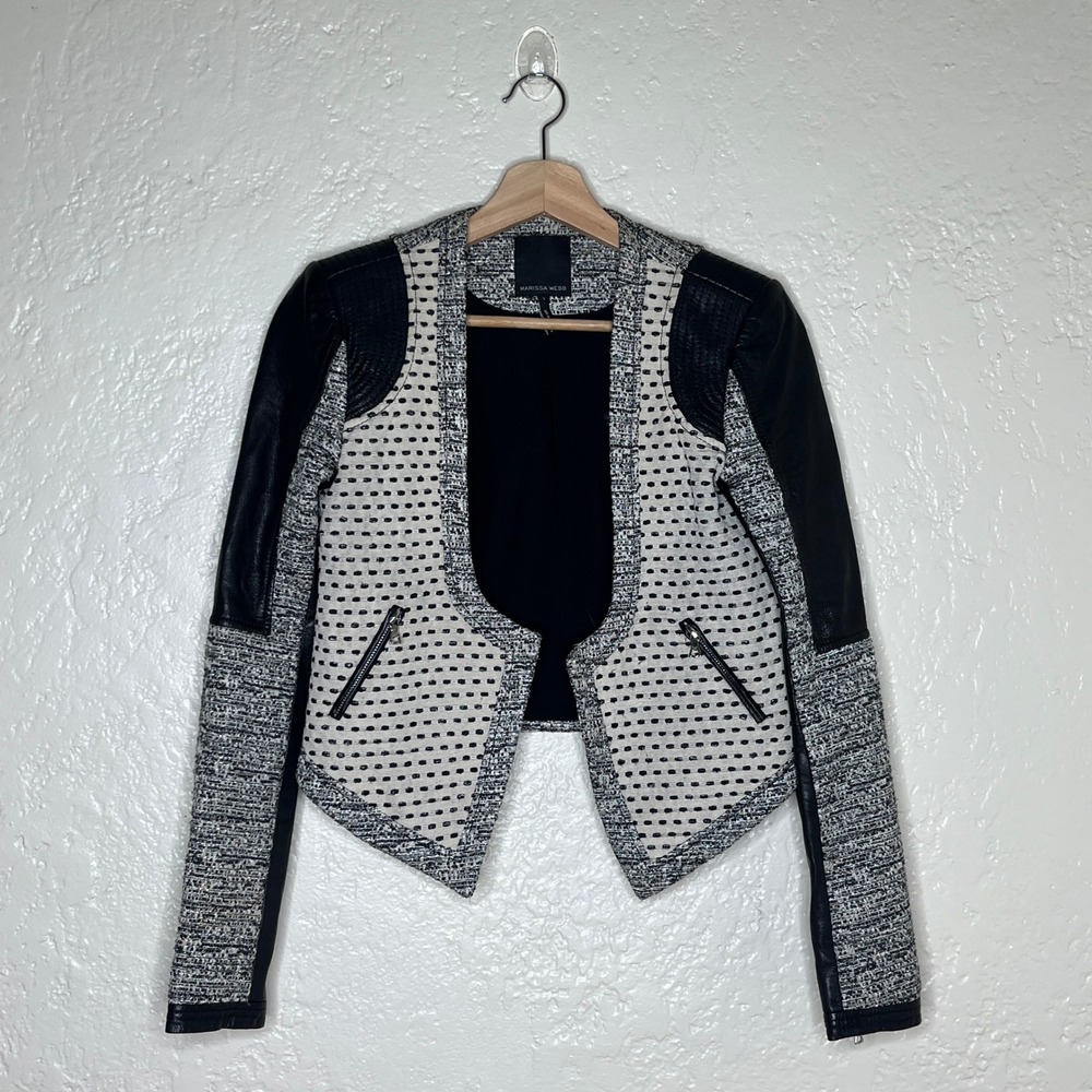 Marissa Webb Bolero Jacket Womens 2 Black White Tweed Leather Silk Trim Cropped